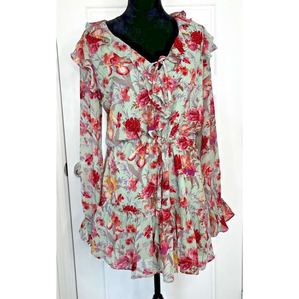 Paige Dress GARCELLE Women's M Silk Floral Mint Green Mini Lined Ruffle V Neck